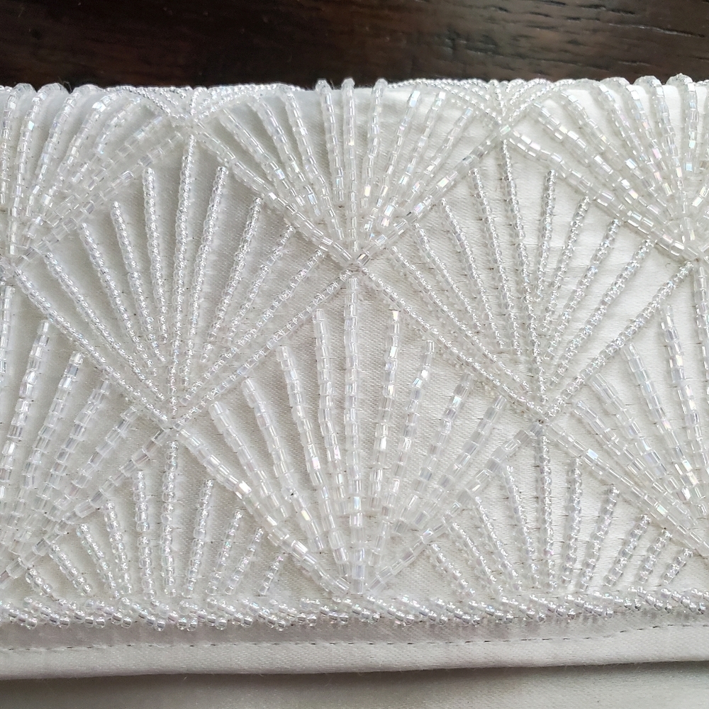 White Satin Beaded Clutch Vintage